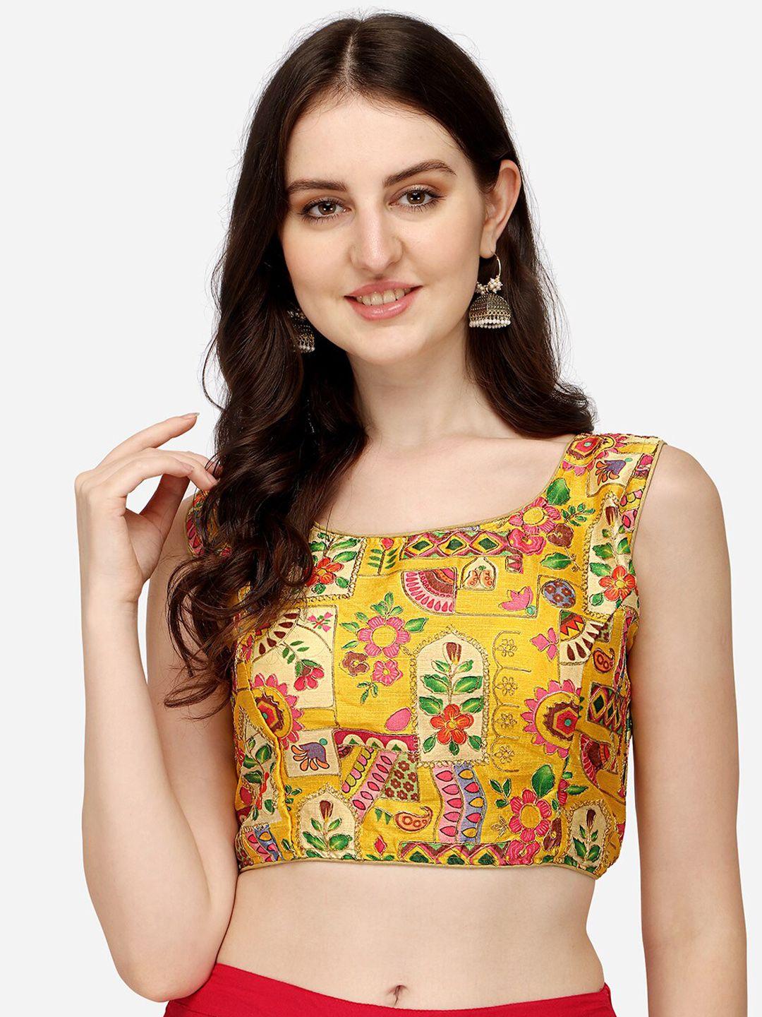 pujia mills women yellow printed embroidered saree blouse