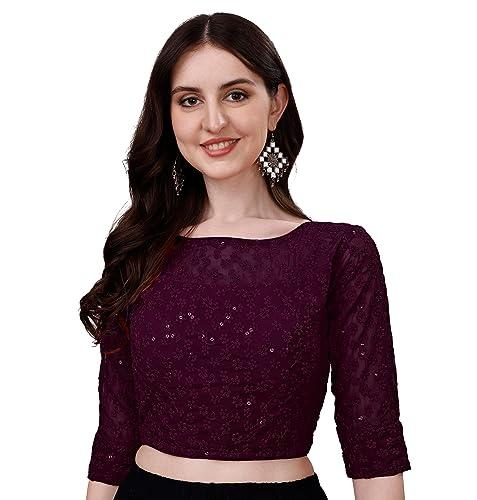 pujia mills womens readymade fancy sifli work half sleeve saree blouse. (wine, 38)