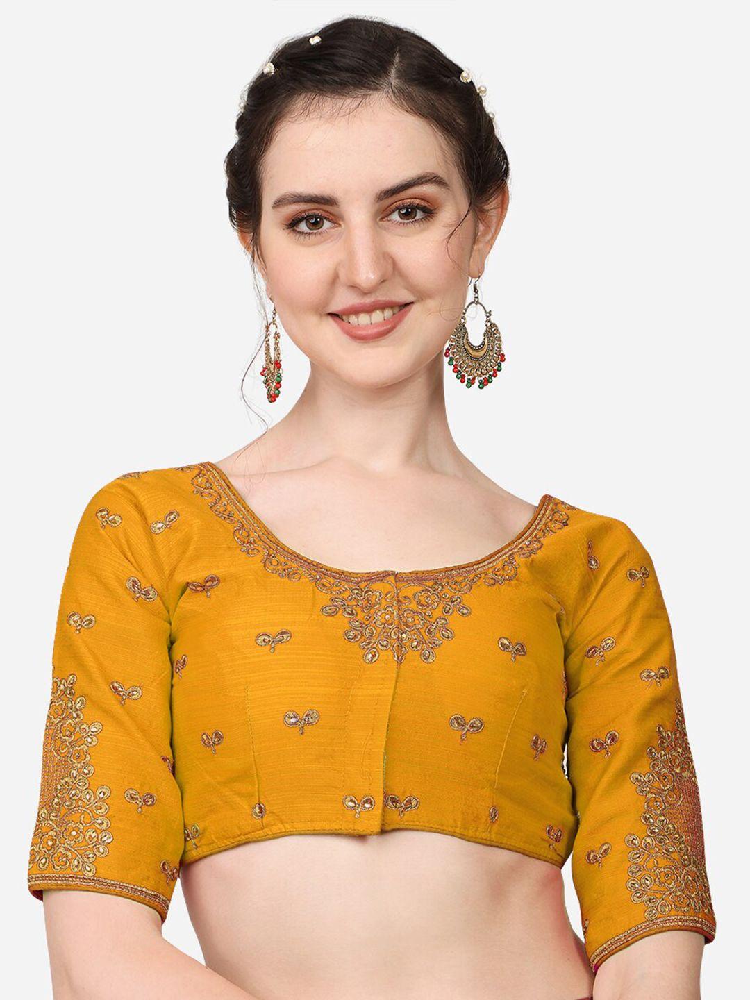 pujia mills yellow & gold-coloured embroidered saree blouse