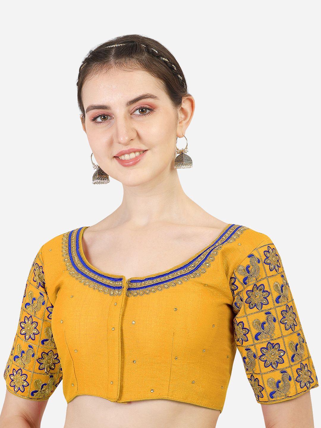 pujia mills yellow embroidered readymade saree blouse