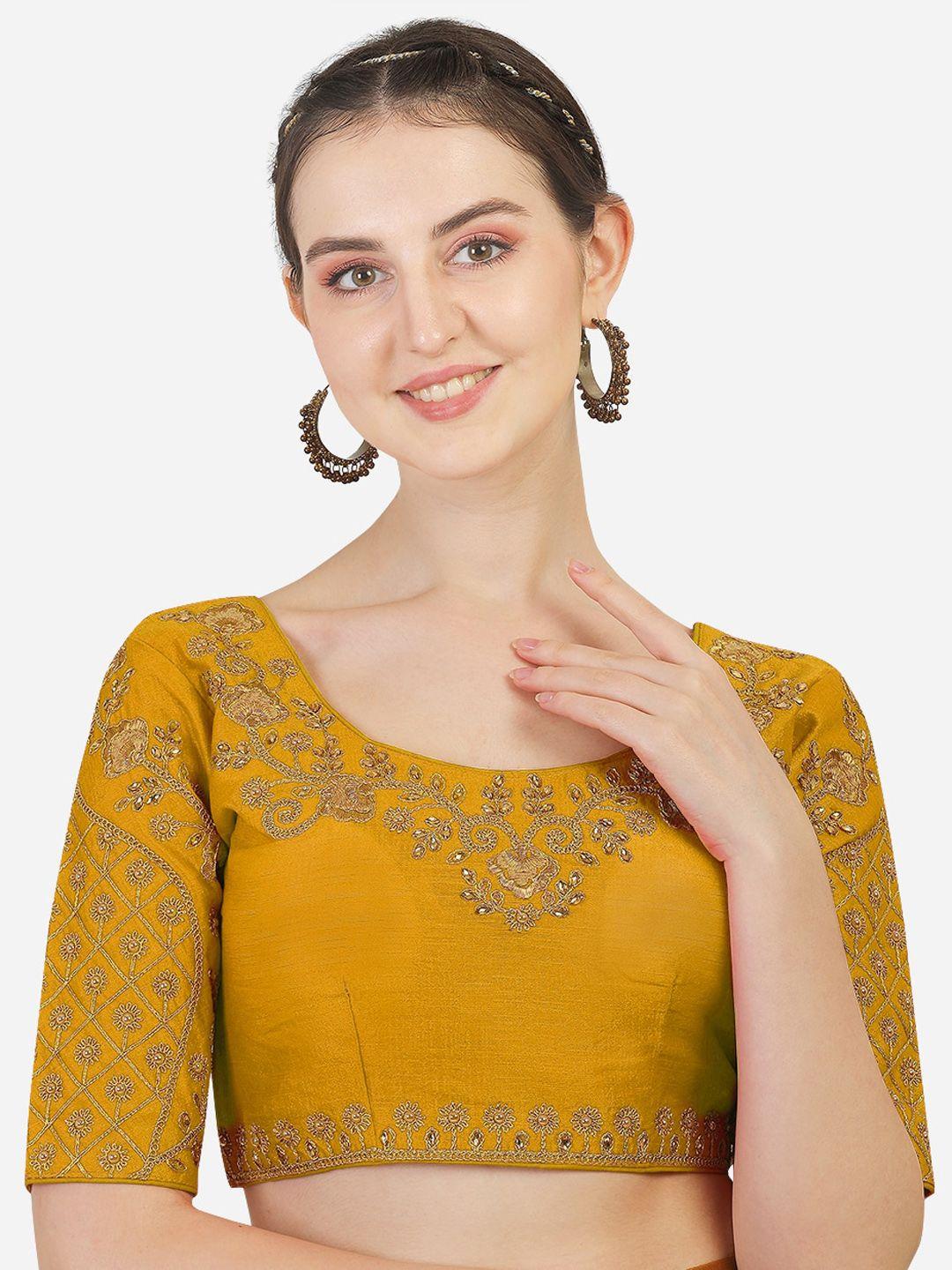 pujia mills yellow embroidered saree blouse