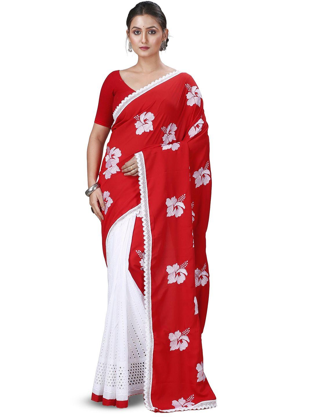 pujoy floral embroidered cotton half and half taant saree
