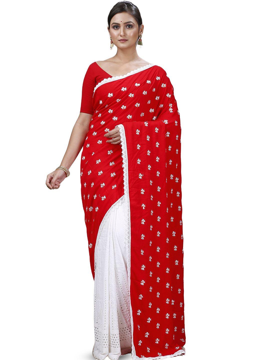 pujoy floral embroidered pure cotton half and half taant saree