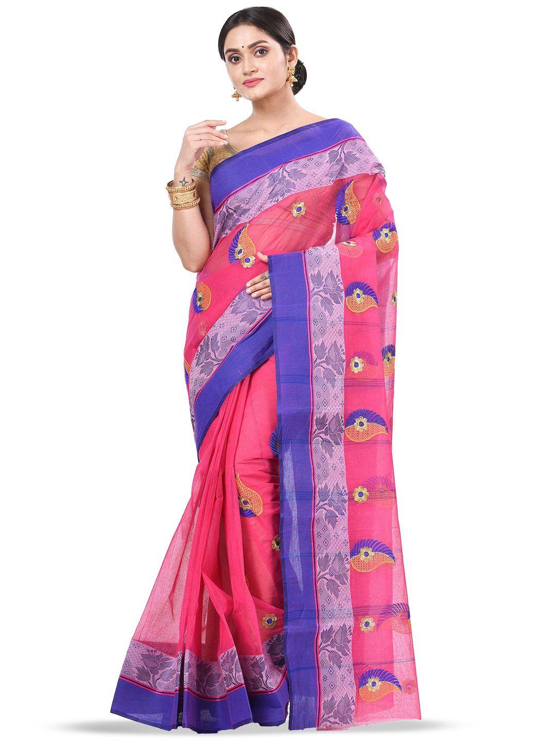 pujoy pink & blue ethnic motifs pure cotton taant saree