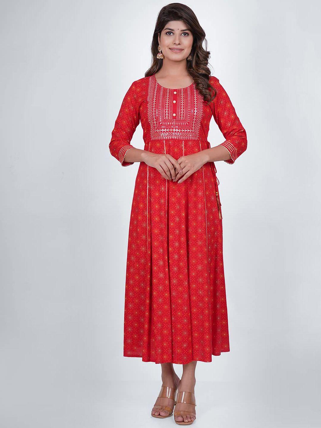 pukhya ethnic motifs printed & mirror work fit and flared midi ethnic dress