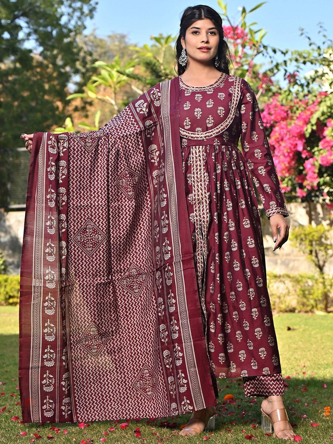 pukhya ethnic motifs printed regular pure cotton kurta with trousers & dupatta