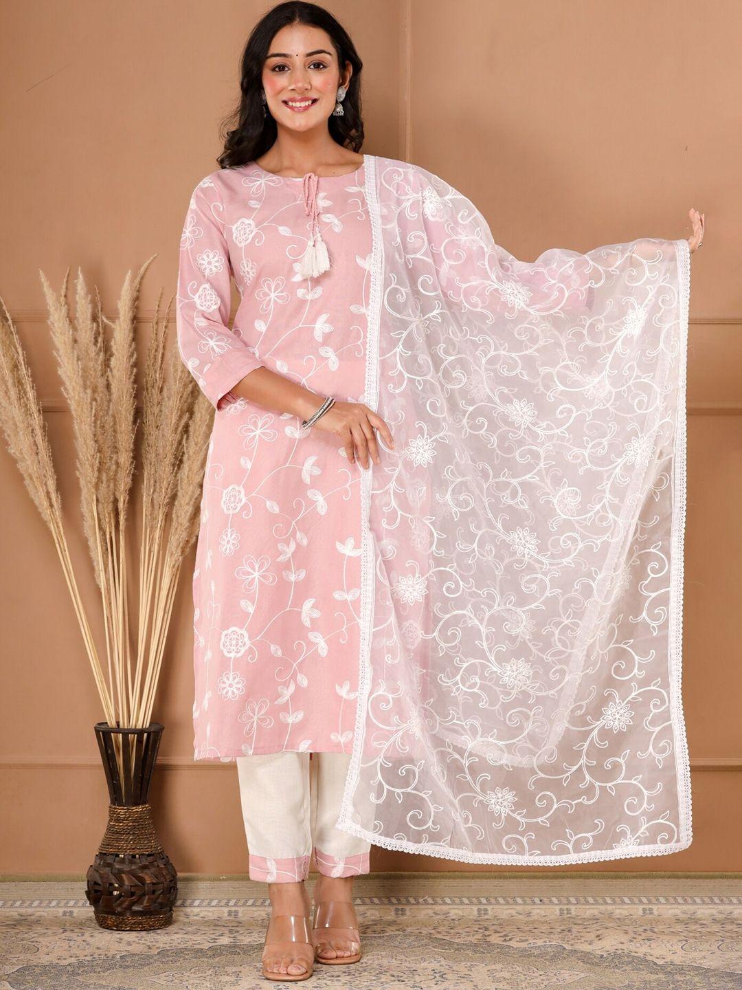 pukhya floral embroidered tie-up neck thread work straight kurta & trousers with dupatta