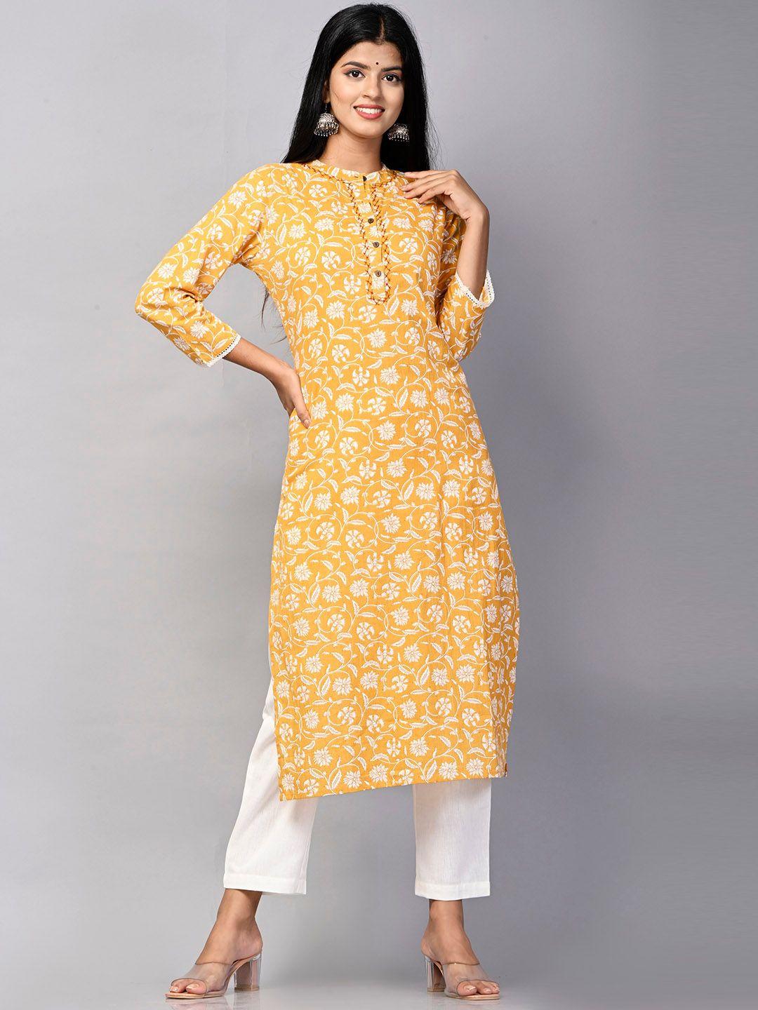 pukhya floral printed band collar thread work cotton straight kurta