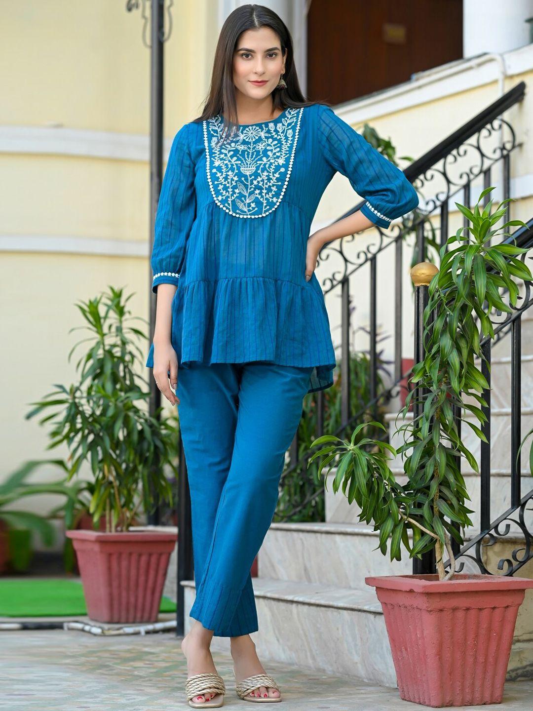 pukhya floral yoke design thread work a-line kurti with trouser