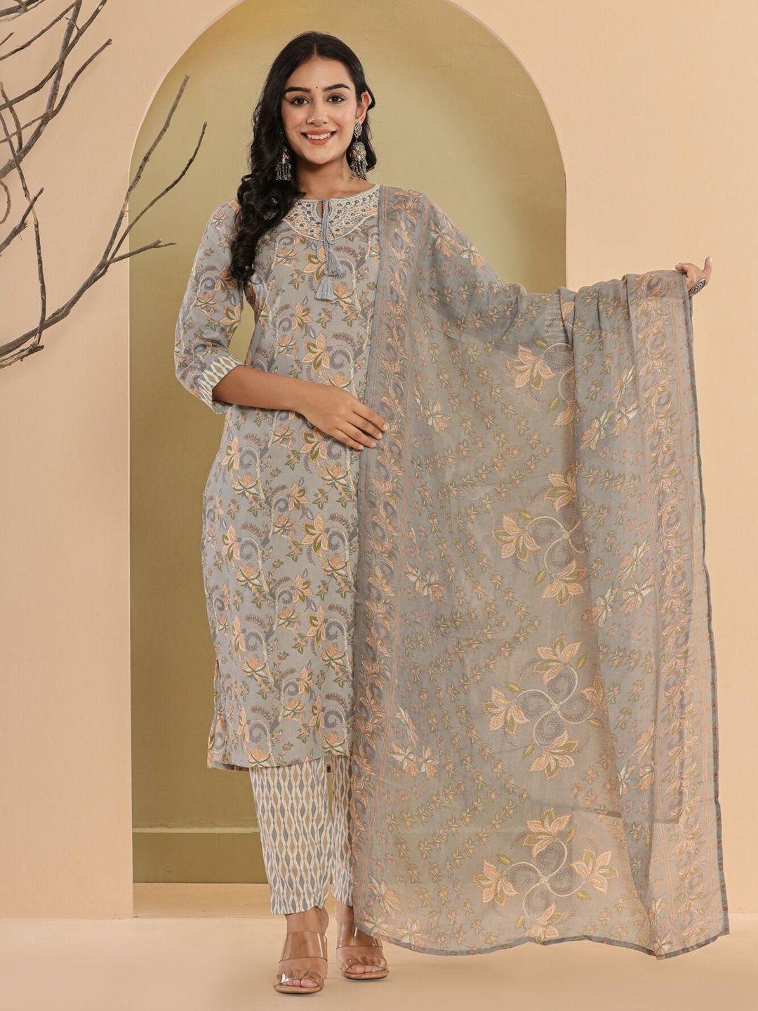pukhya round neck floral printed straight pure cotton kurta with trousers & dupatta