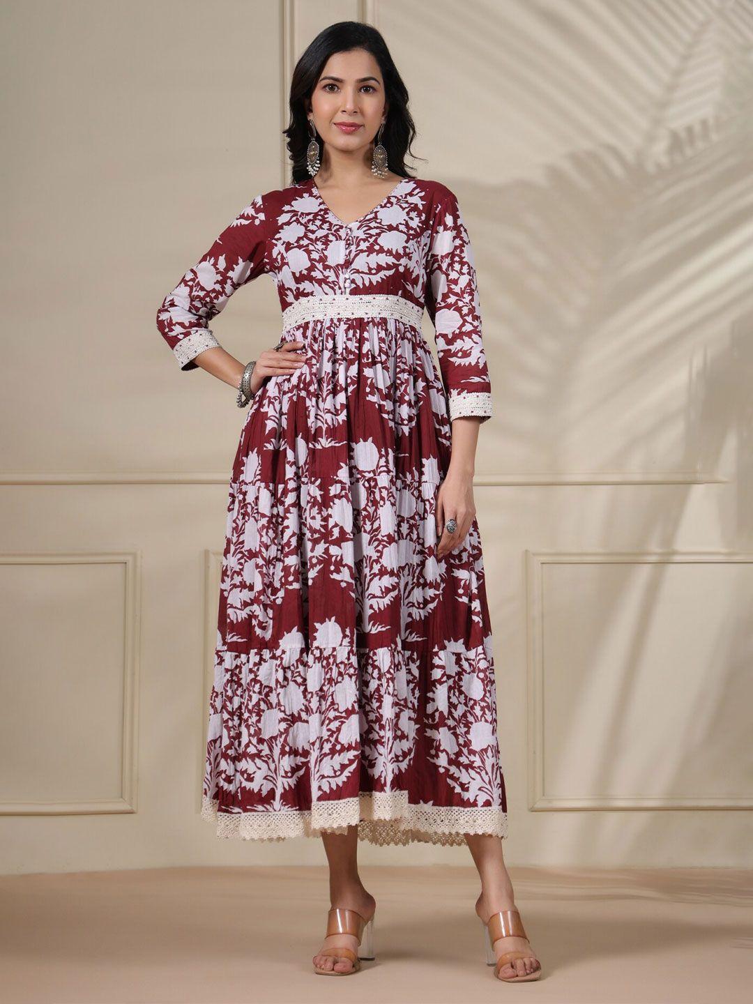 pukhya v-neck floral printed cotton fit and flare anarkali dress