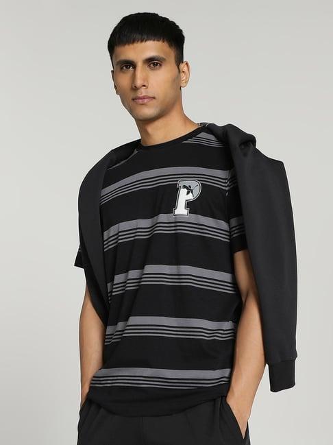 puma black cotton regular fit striped t-shirt