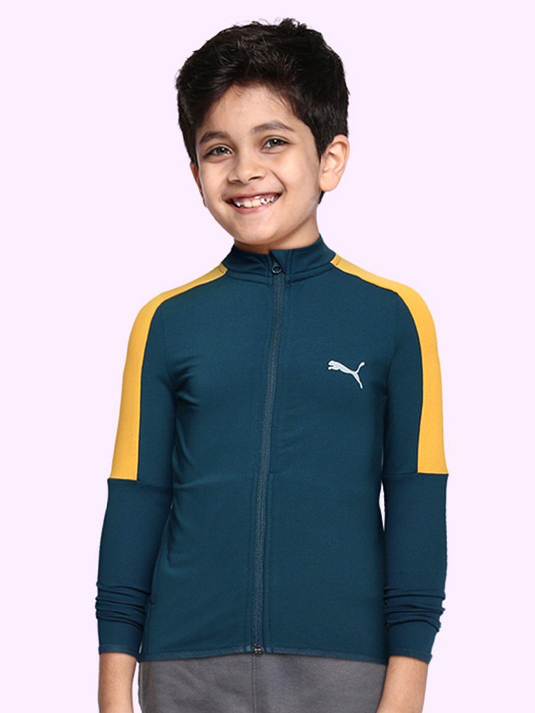 puma boys blue & mustard yellow colourblocked one8 virat kohli sporty jacket