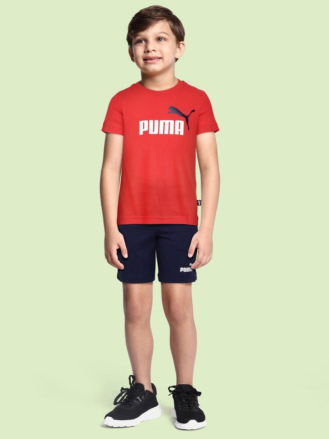 puma boys red & navy blue brand logo print knitted jersey youth t-shirt with shorts
