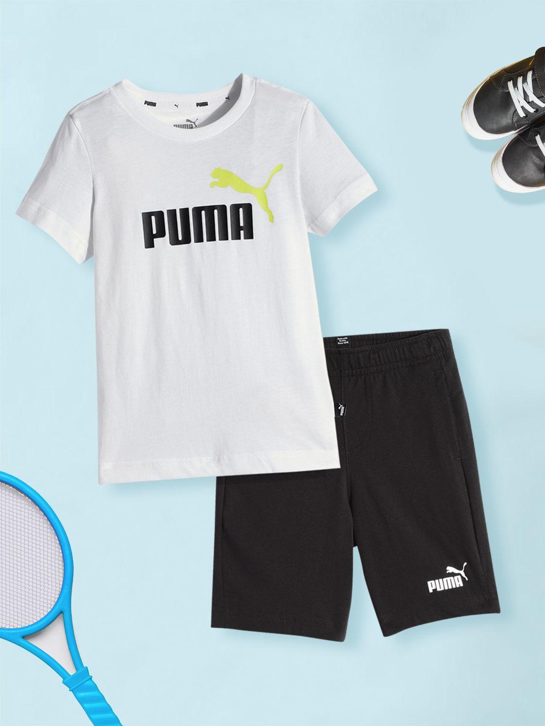 puma boys white & black brand logo print knitted jersey youth t-shirt with shorts