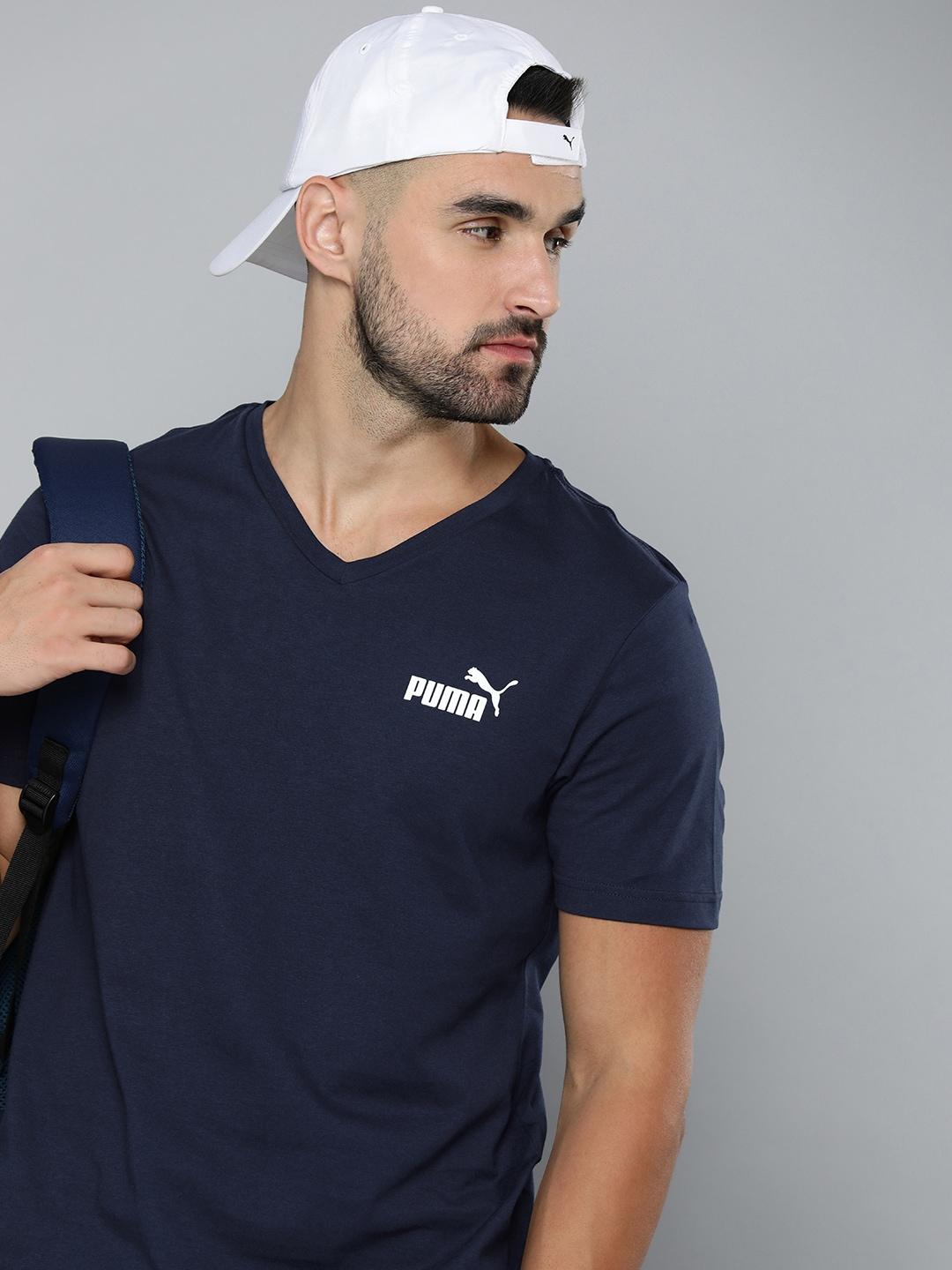 puma brand logo printed v-neck pure cotton t-shirt