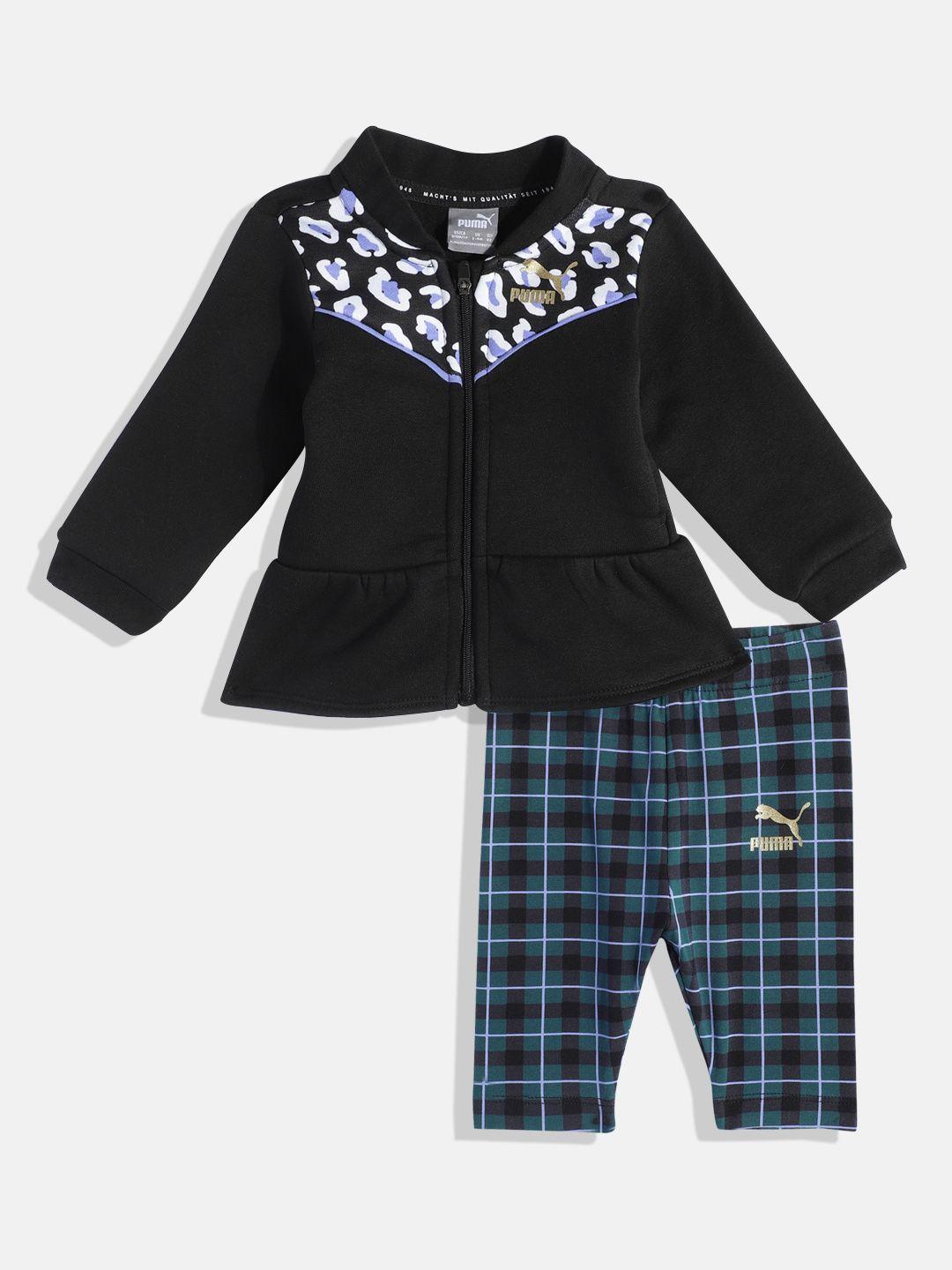 puma infant black printed peplum top with blue checked trousers