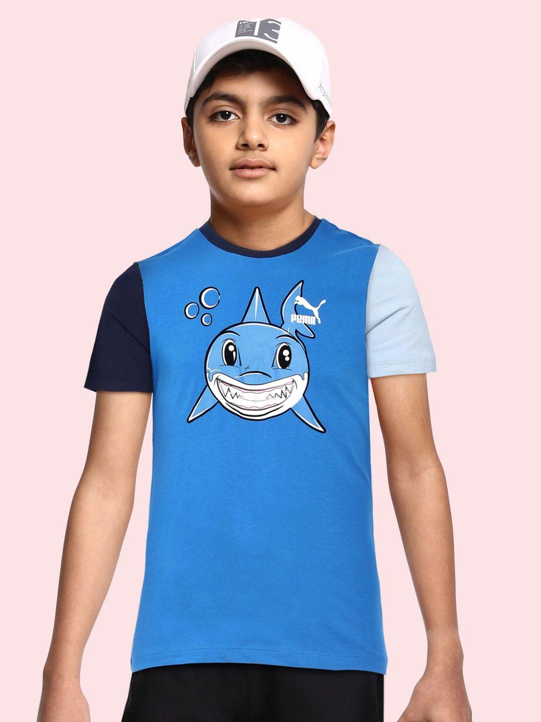 puma kids blue  white shark print pure cotton t-shirt