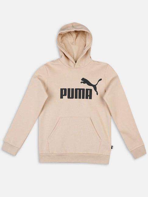 puma kids ess fl b beige & black cotton logo full sleeves hoodie