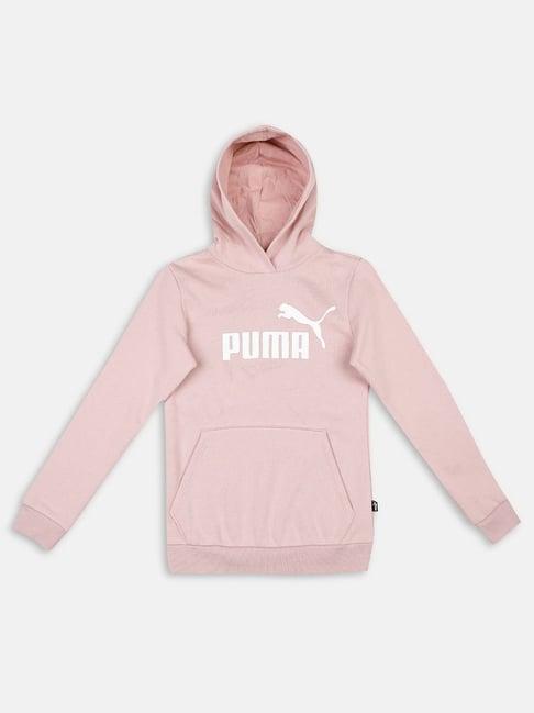 puma kids ess fl g pink & white cotton logo full sleeves hoodie