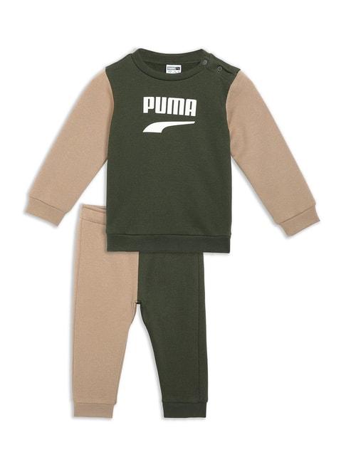 puma kids olive & beige printed full sleeves t-shirt with trackpants