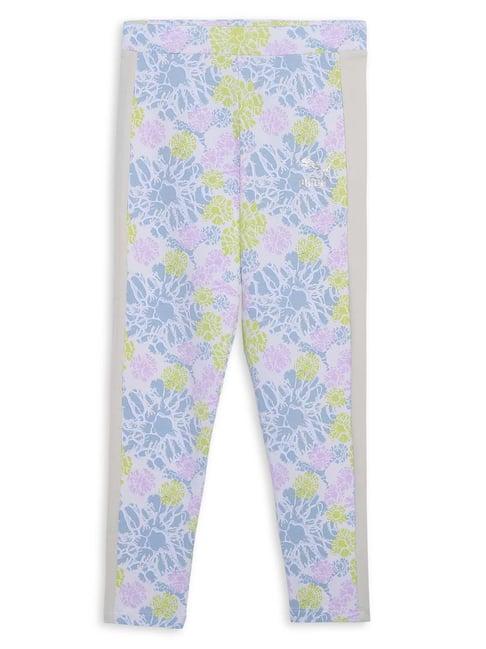 puma kids t7 blue & pink cotton floral print leggings