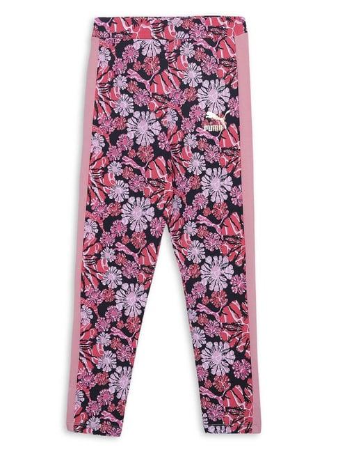 puma kids t7 pink & black cotton floral print leggings