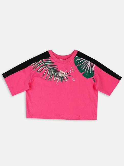 puma kids t7 vacay queen glowing pink & black cotton printed crop top