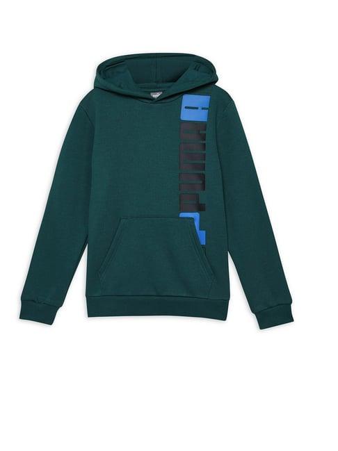 puma kids teal logo print full sleeves hoodie