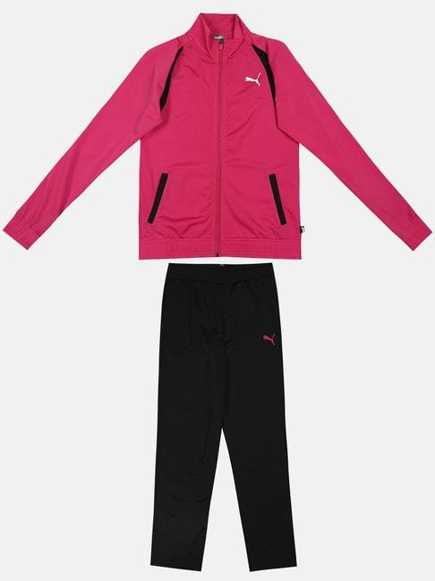 puma kids tricot pink & black logo full sleeves jacket set