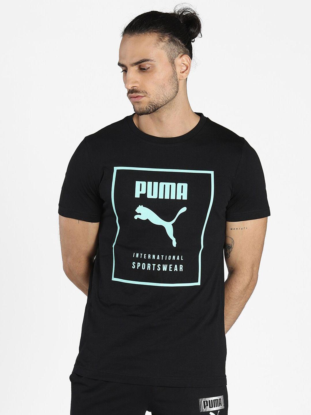 puma men black & turquoise blue brand logo printed t-shirt