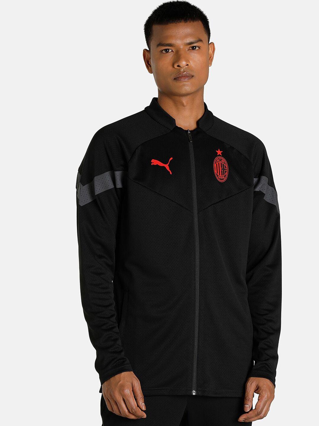 puma men black a.c. milan brand logo outdoor sporty jacket with patchwork