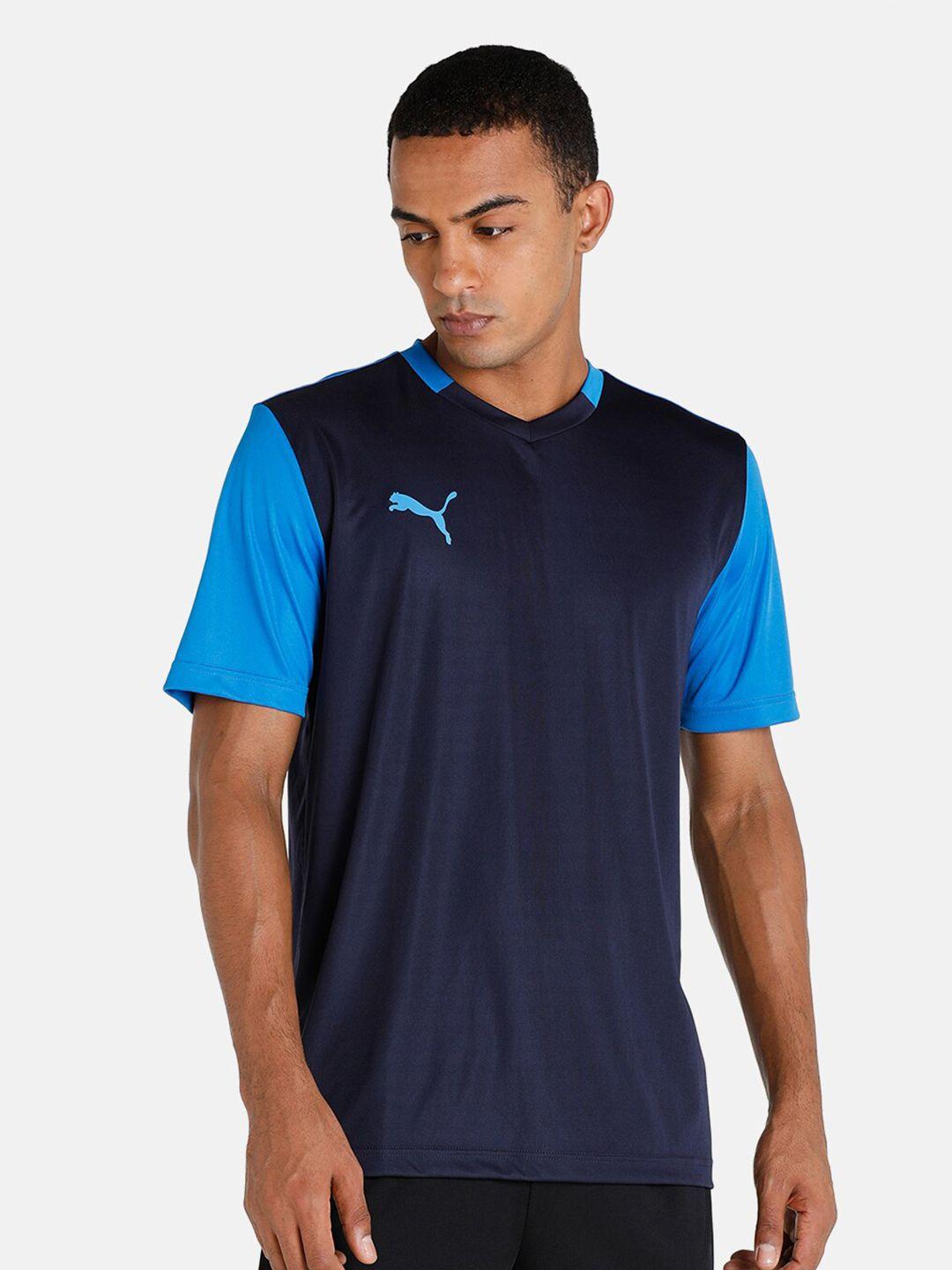 puma men blue & navy blue colourblocked v-neck t-shirt