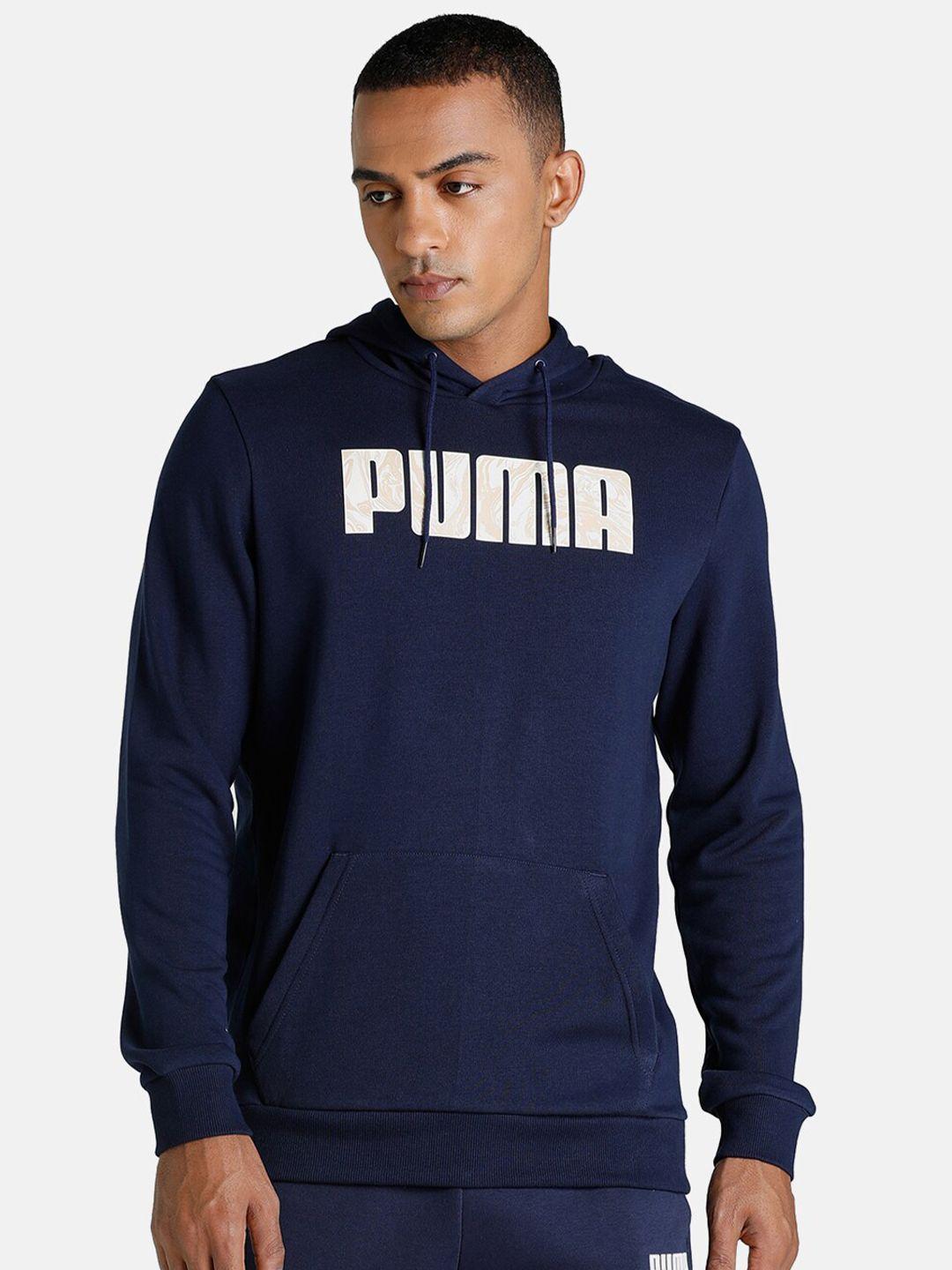 puma men blue & white brand logo printed hooded cotton sweatshirt