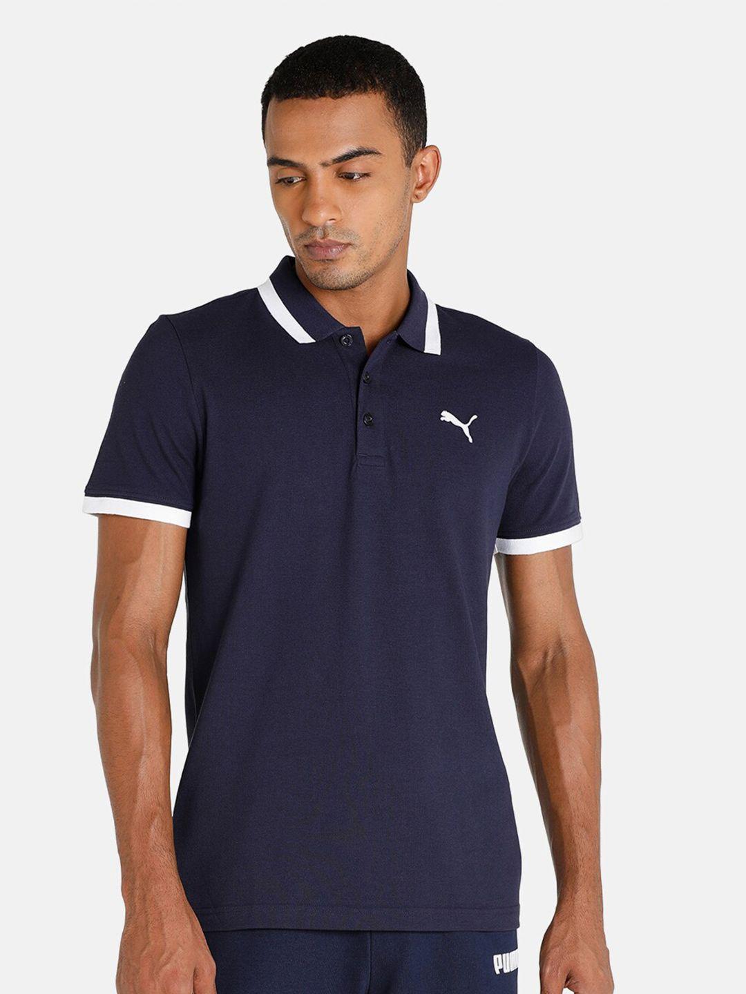 puma men blue & white solid essential pique tipping polo t-shirt