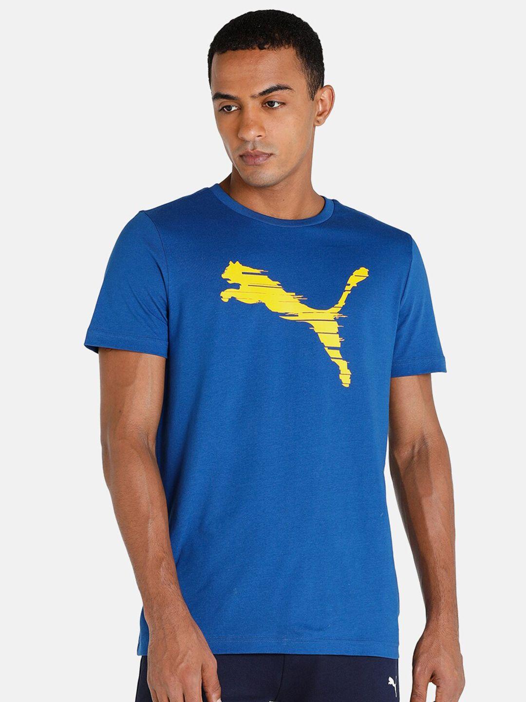puma men blue & yellow shaded cat printed slim fit sports t-shirt