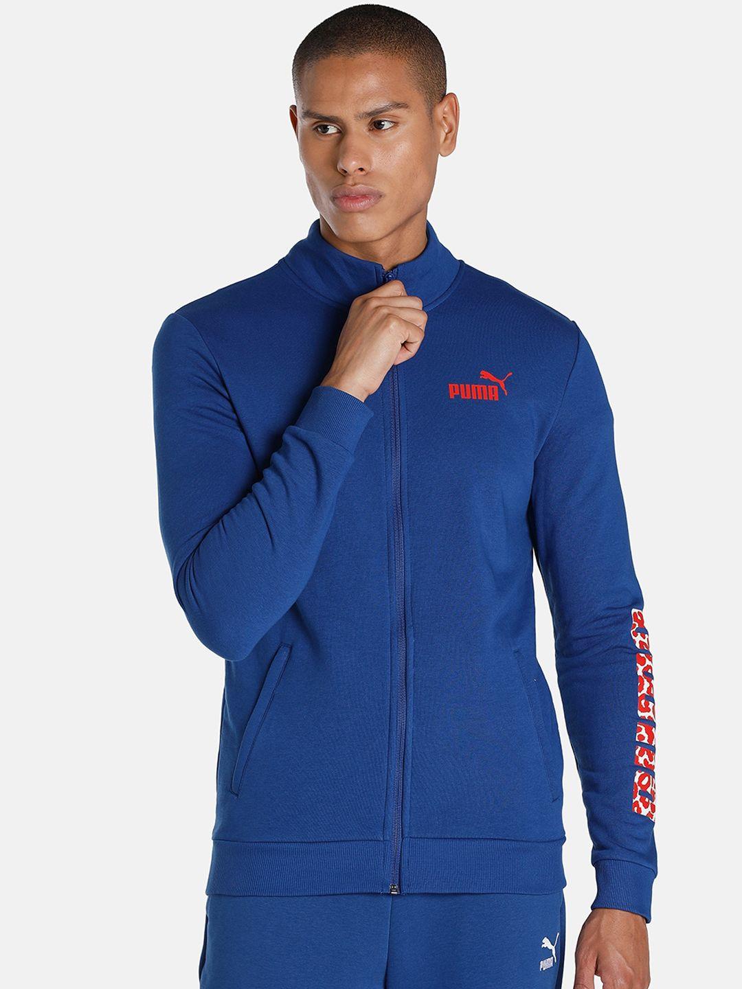 puma men blue textured logo knitted outdoor sporty jacket