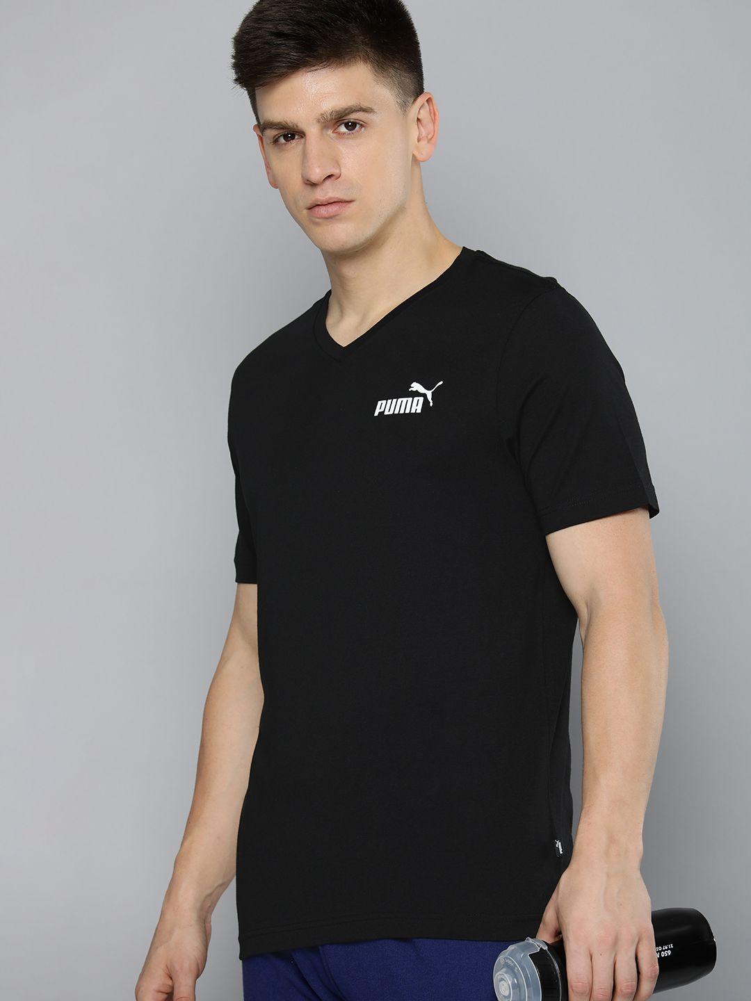 puma men brand logo printed ess v-neck pure cotton t-shirt