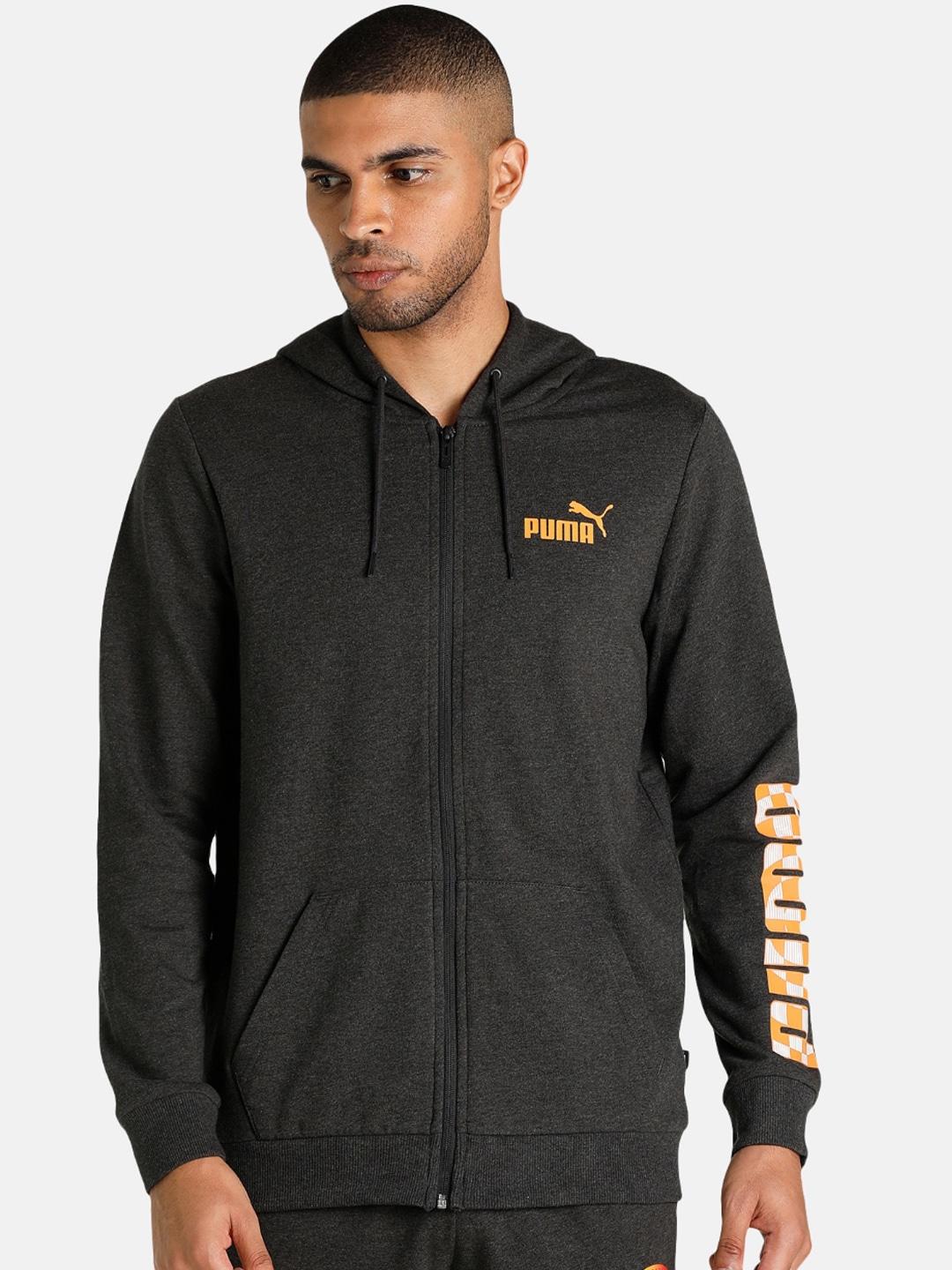 puma men grey brand logo hodded outdoor sporty jacket