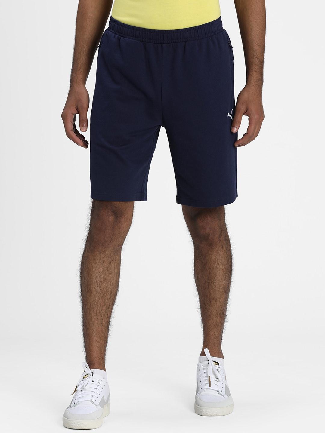 puma men navy blue solid regular fit cotton sports shorts