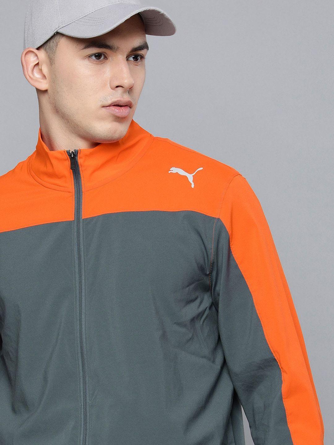 puma men orange& grey colourblocked high collared training sustainable track suit