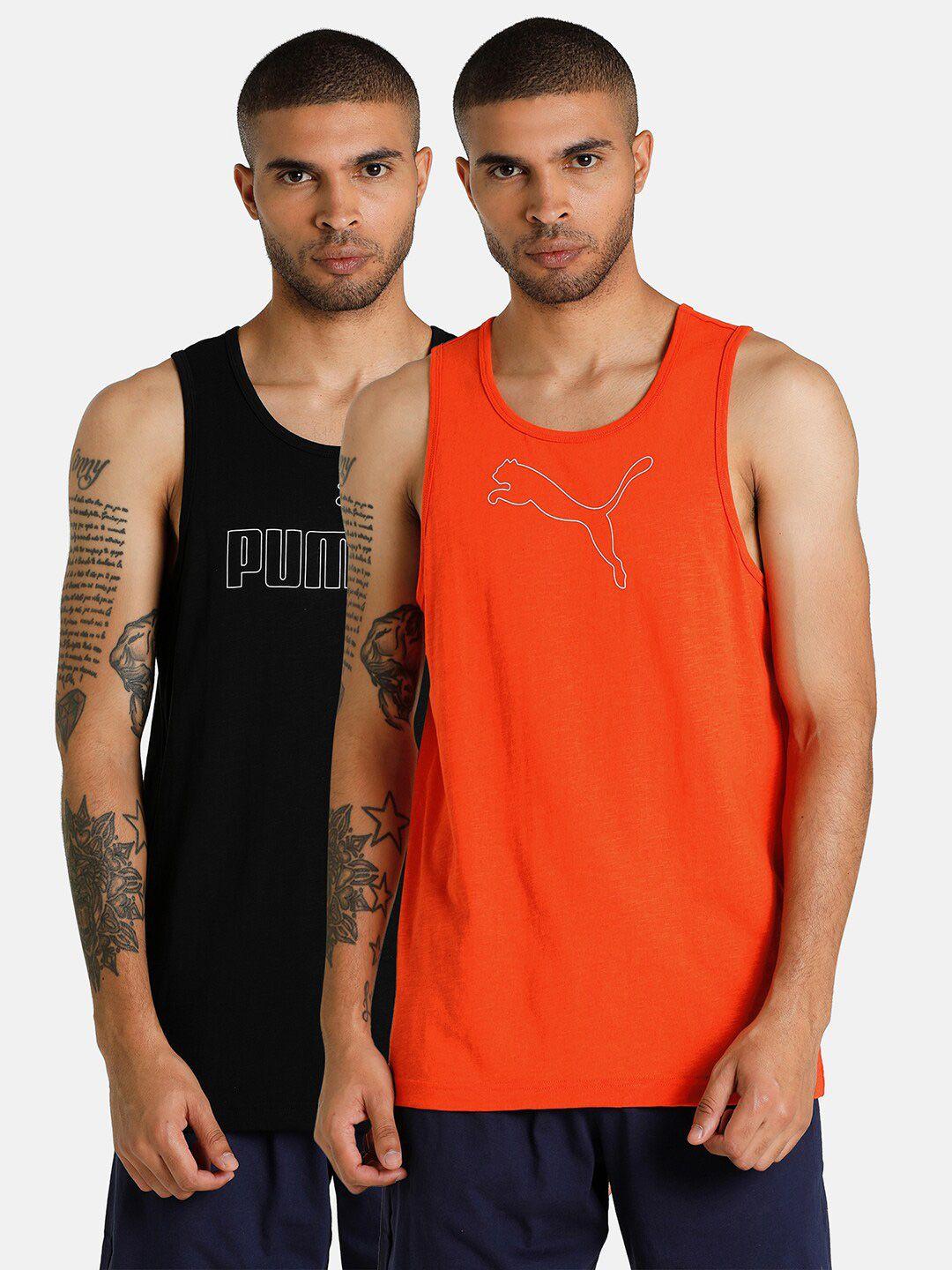 puma men pack of 2 black & orange slub gym vest
