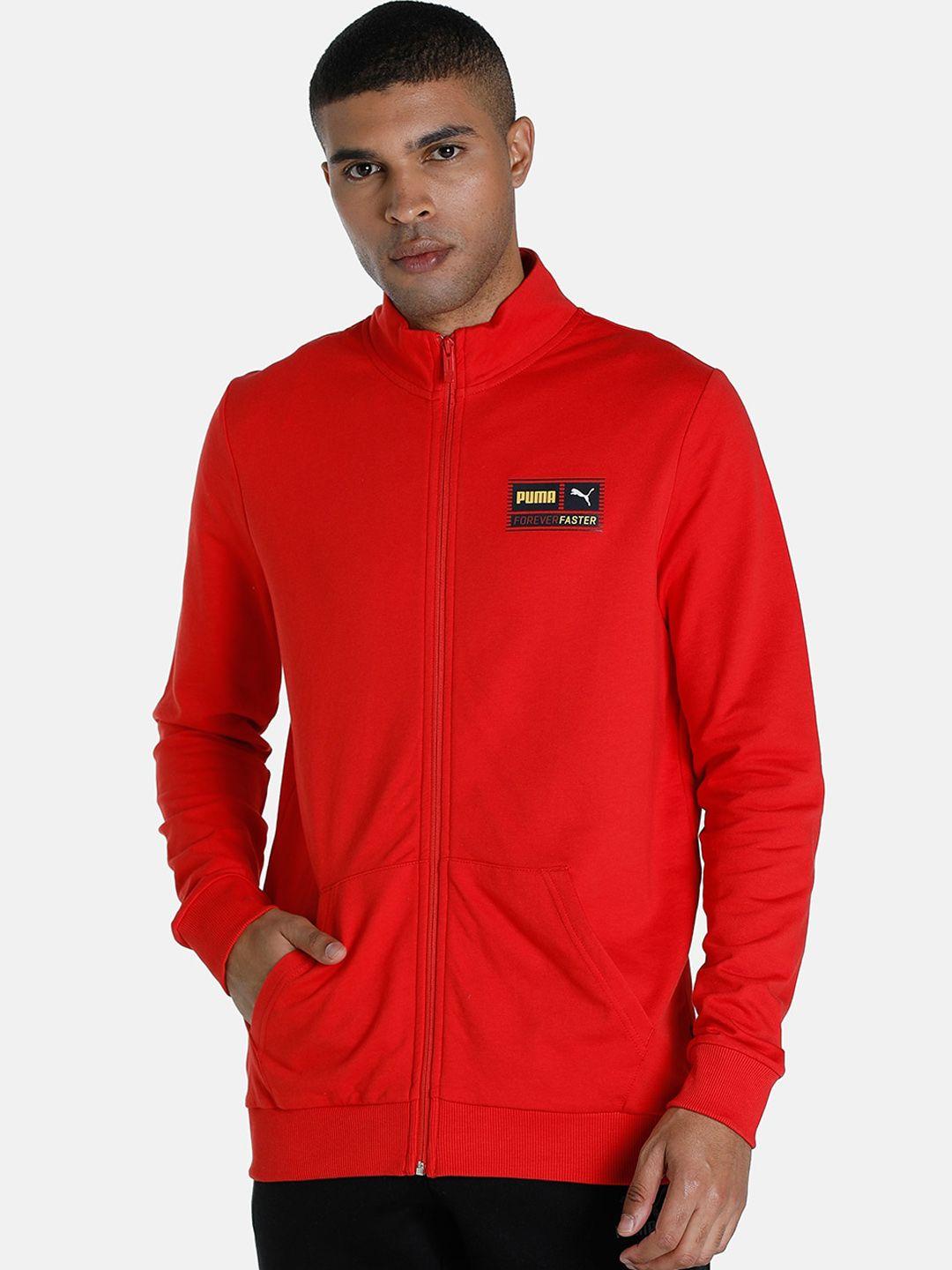 puma men red outdoor sporty jacket with patchwork