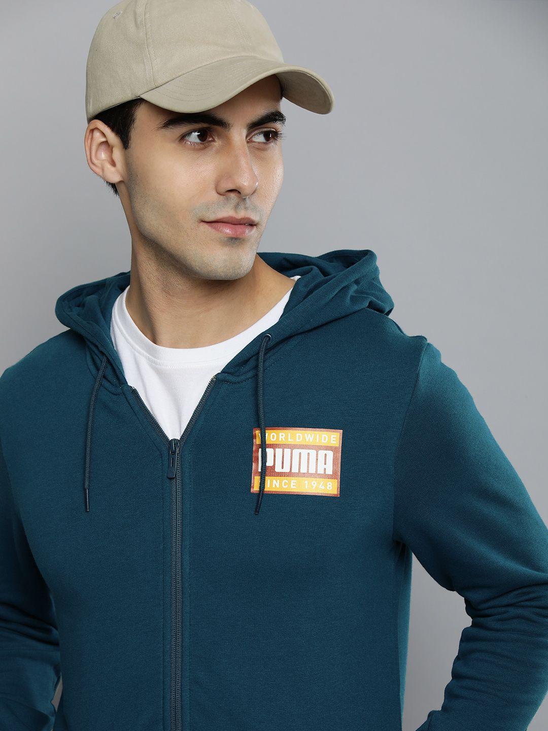 puma men teal blue brand logo printed fleece front-open hooded track sweatshirt