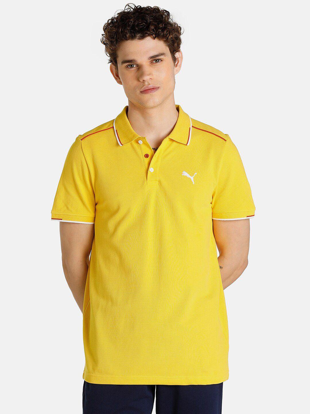 puma men yellow solid pure cotton tshirts
