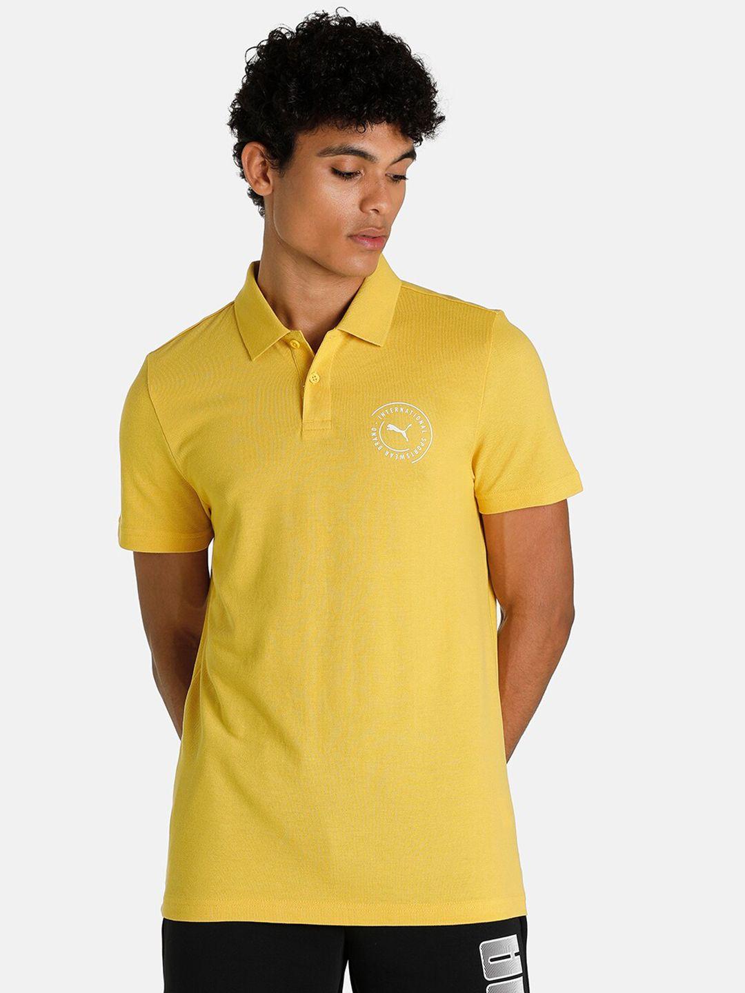 puma men yellow solid slim-fit polo t-shirts