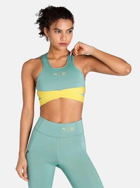 puma mint & yellow polyester color-block first mile sports bra