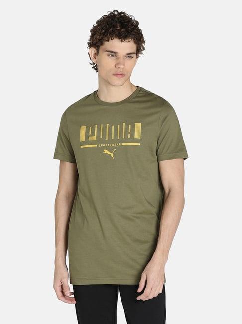 puma olive green cotton printed slim fit t-shirt