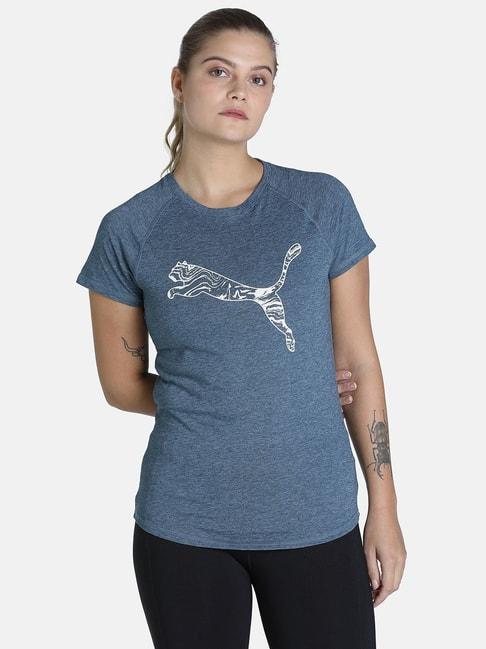 puma performance running run logo print ss blue polyester t-shirt