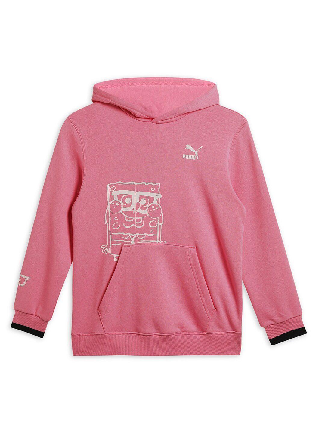 puma spongebob squarepants kids printed detail cotton relaxed-fit hooded sweatshirt
